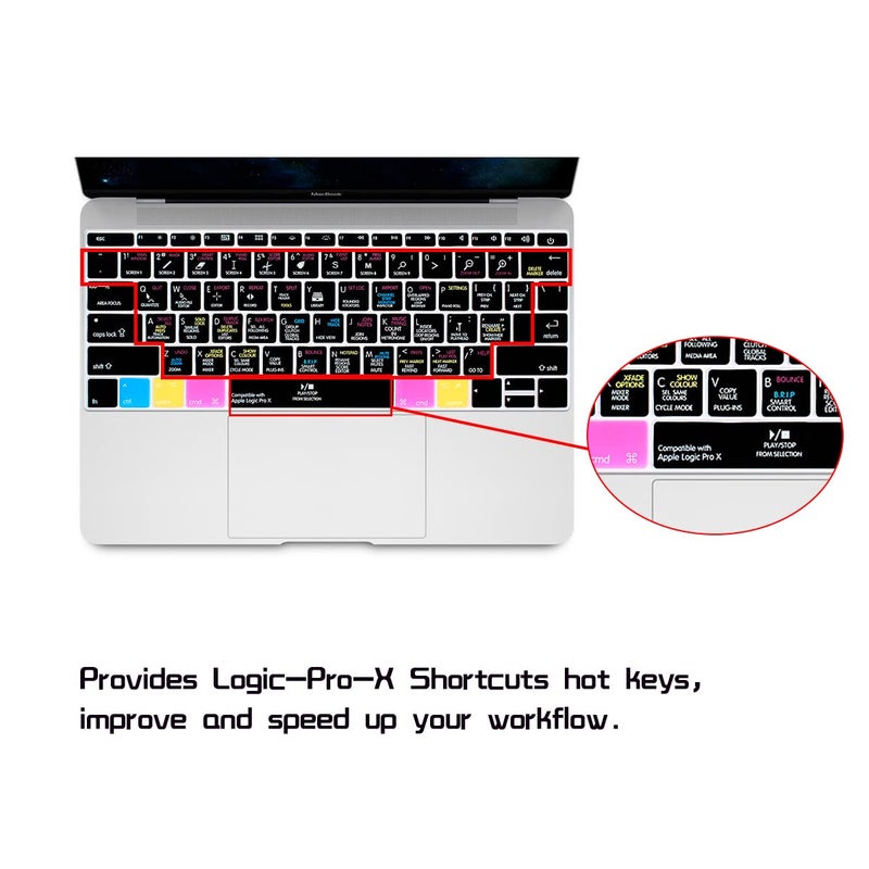 HRH Logic Pro X Hotkey Silicone Keyboard Cover Skin for MacBook Pro 13" A1708 A1988 No Touch Bar 2018 2017 2016 Release and for MacBook 12" A1534 (2015)&A1931(2018) USA Layout Protective Skin - Image 1